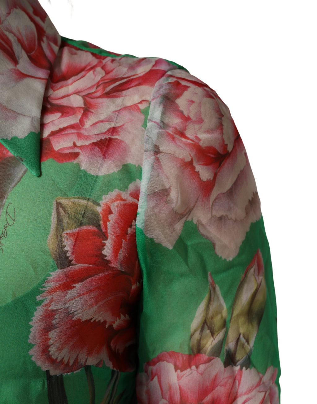 Green CarnationPrint Silk Collared Blouse Top