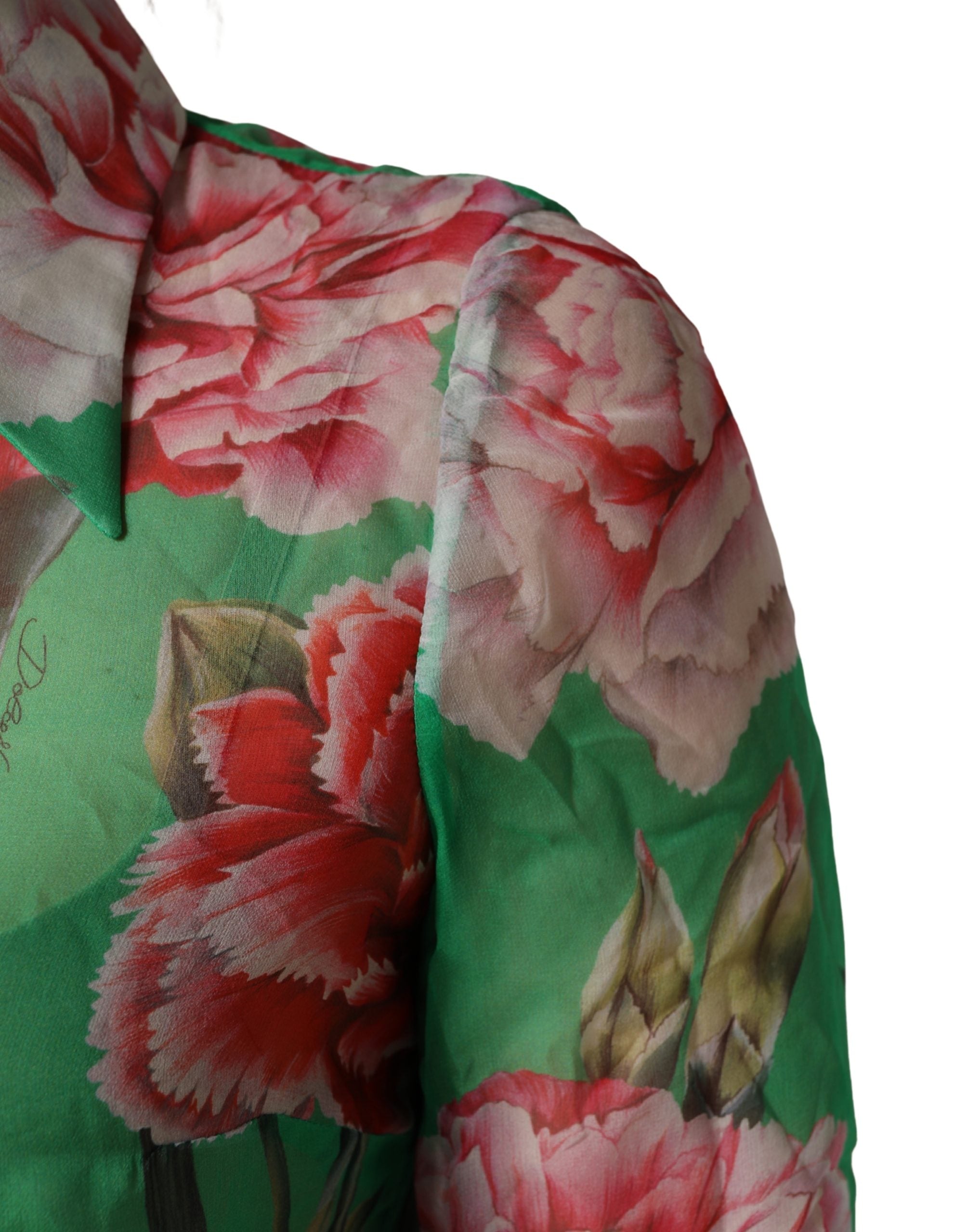 Green CarnationPrint Silk Collared Blouse Top