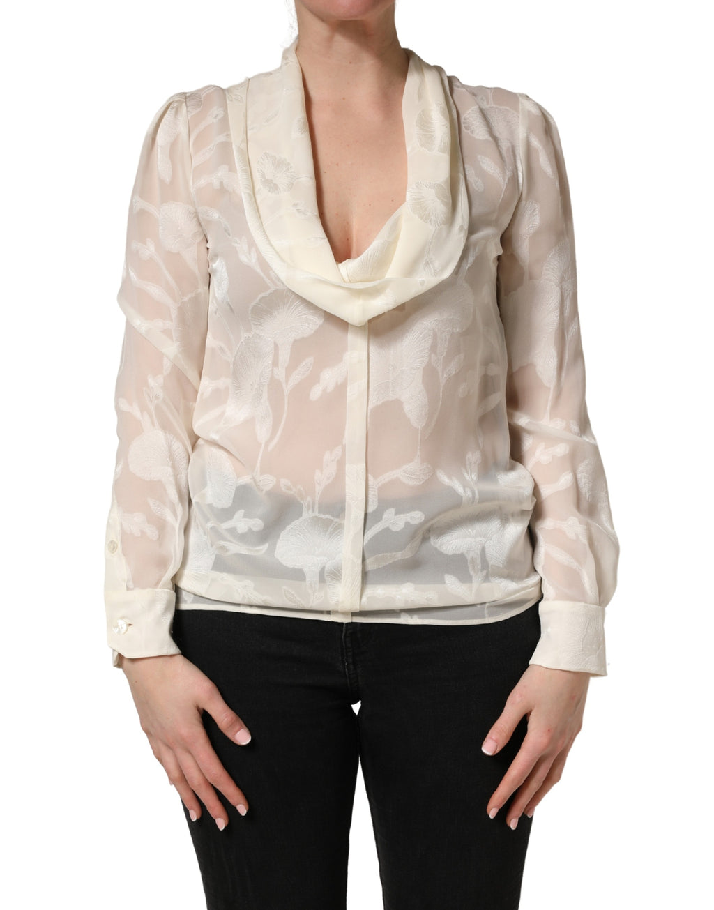 Off White Floral Semi Sheer Silk Blouse Top