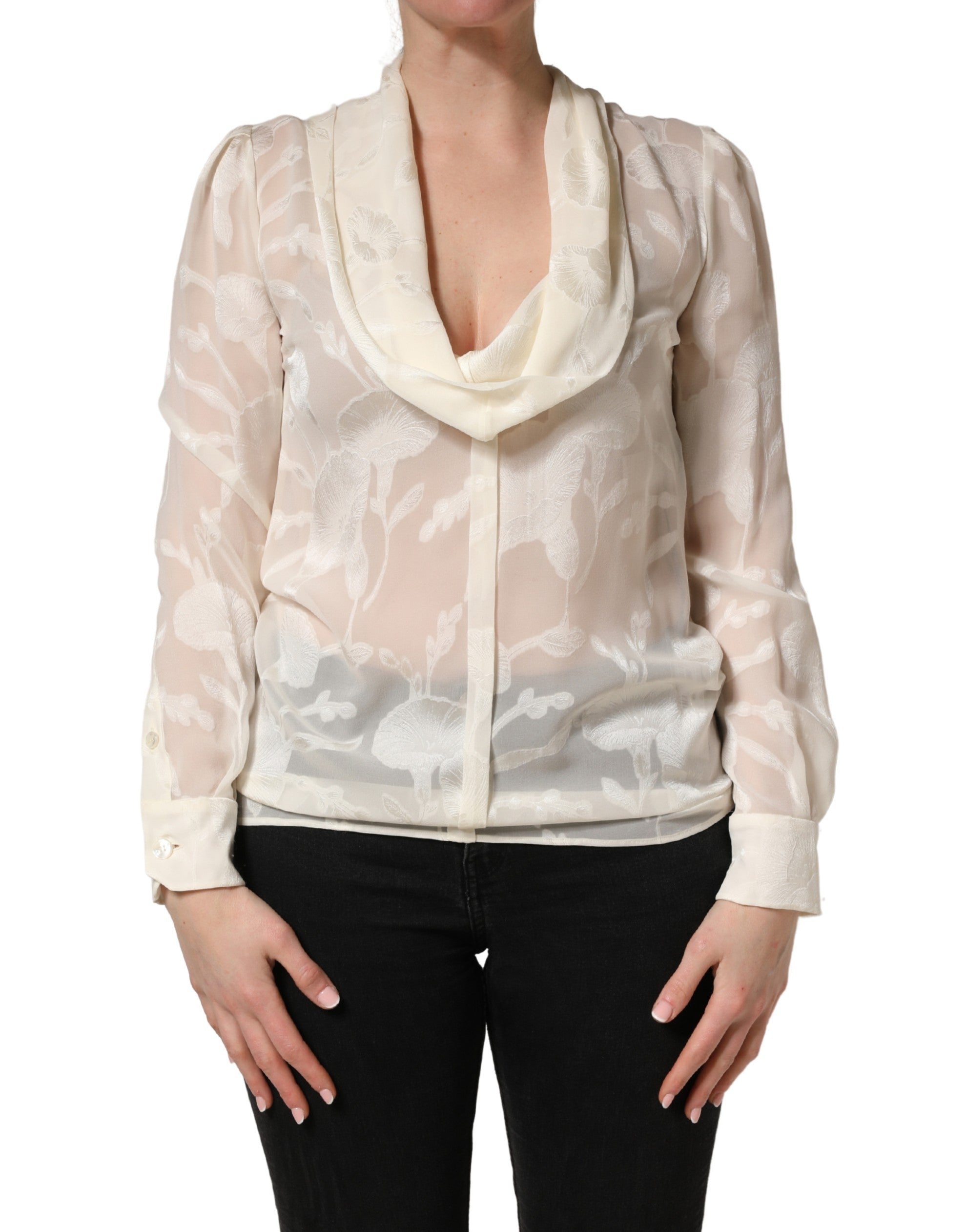 Off White Floral Semi Sheer Silk Blouse Top