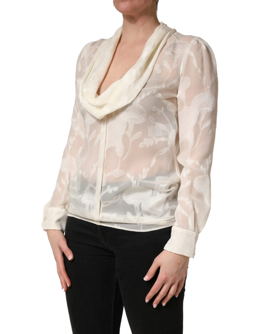Off White Floral Semi Sheer Silk Blouse Top