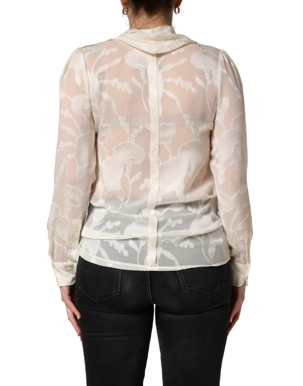 Off White Floral Semi Sheer Silk Blouse Top