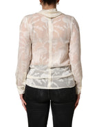 Off White Floral Semi Sheer Silk Blouse Top