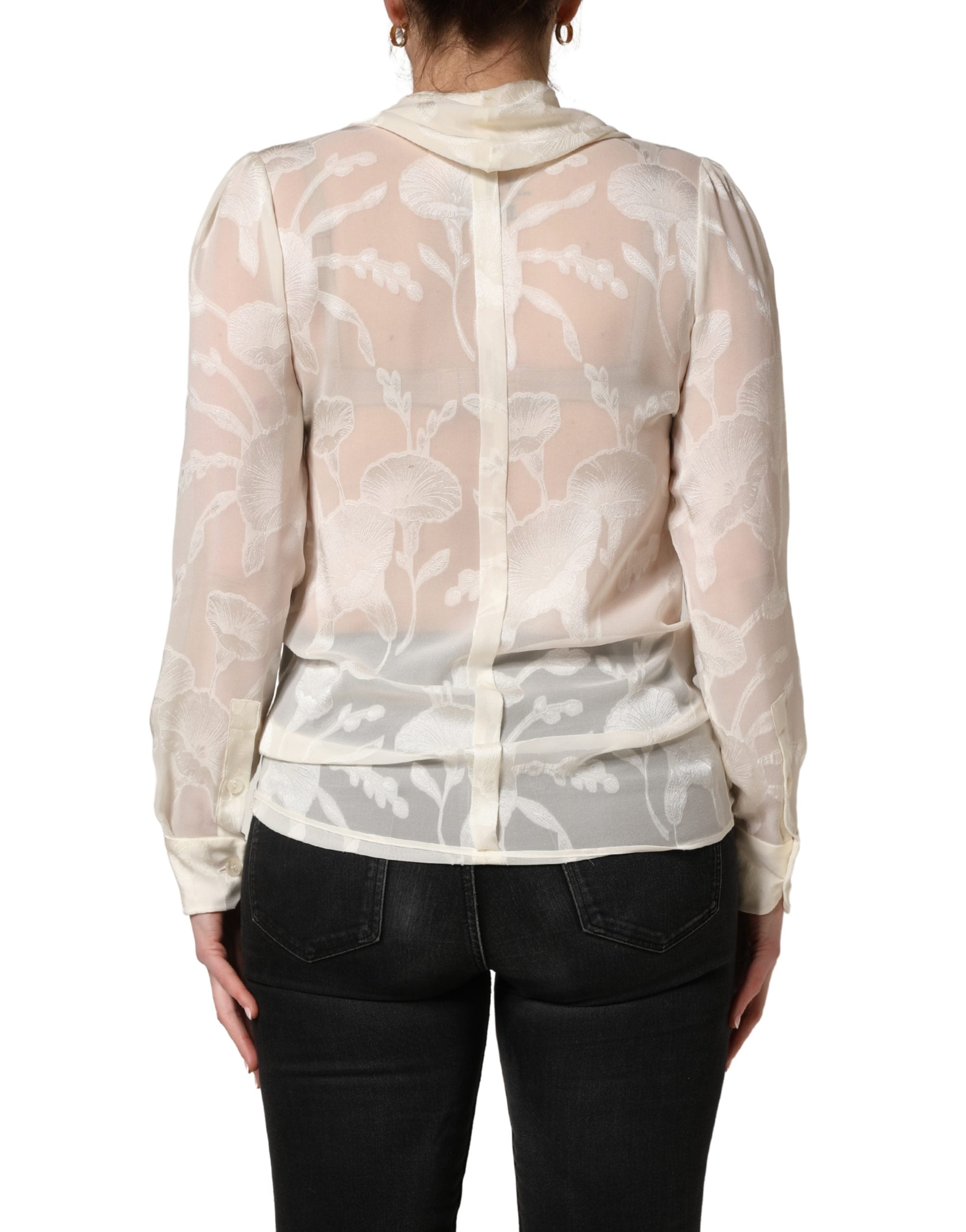 Off White Floral Semi Sheer Silk Blouse Top