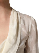 Off White Floral Semi Sheer Silk Blouse Top