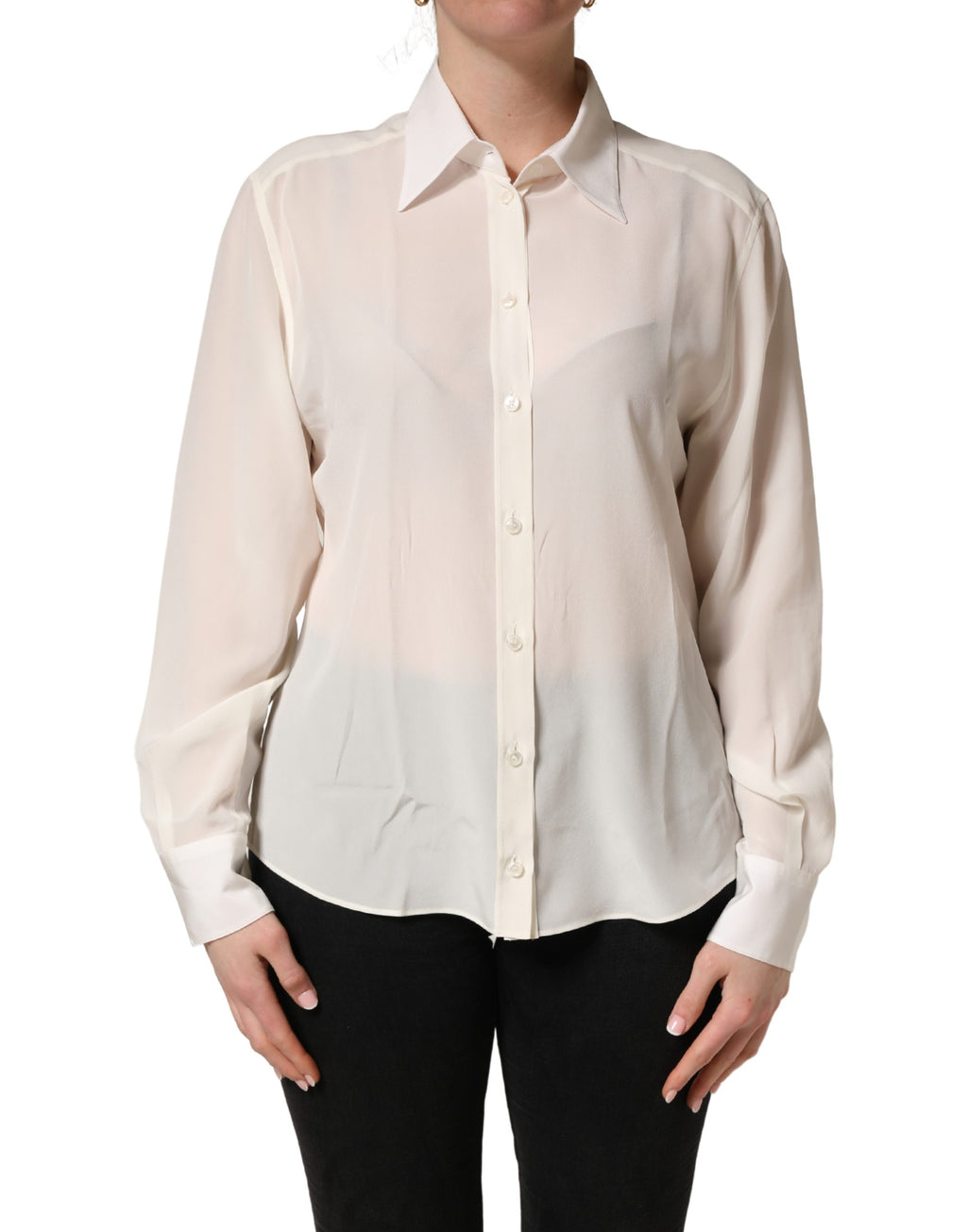Off White Collared Long Sleeves Blouse Top