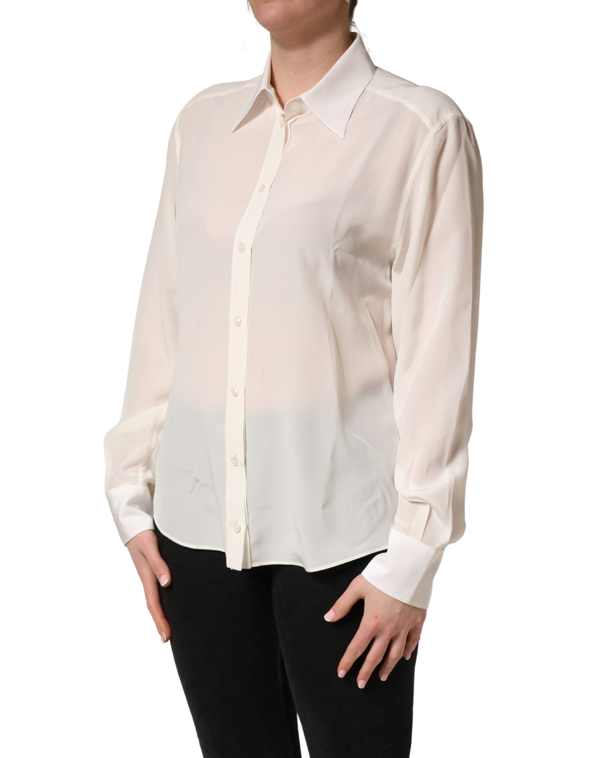 Off White Collared Long Sleeves Blouse Top