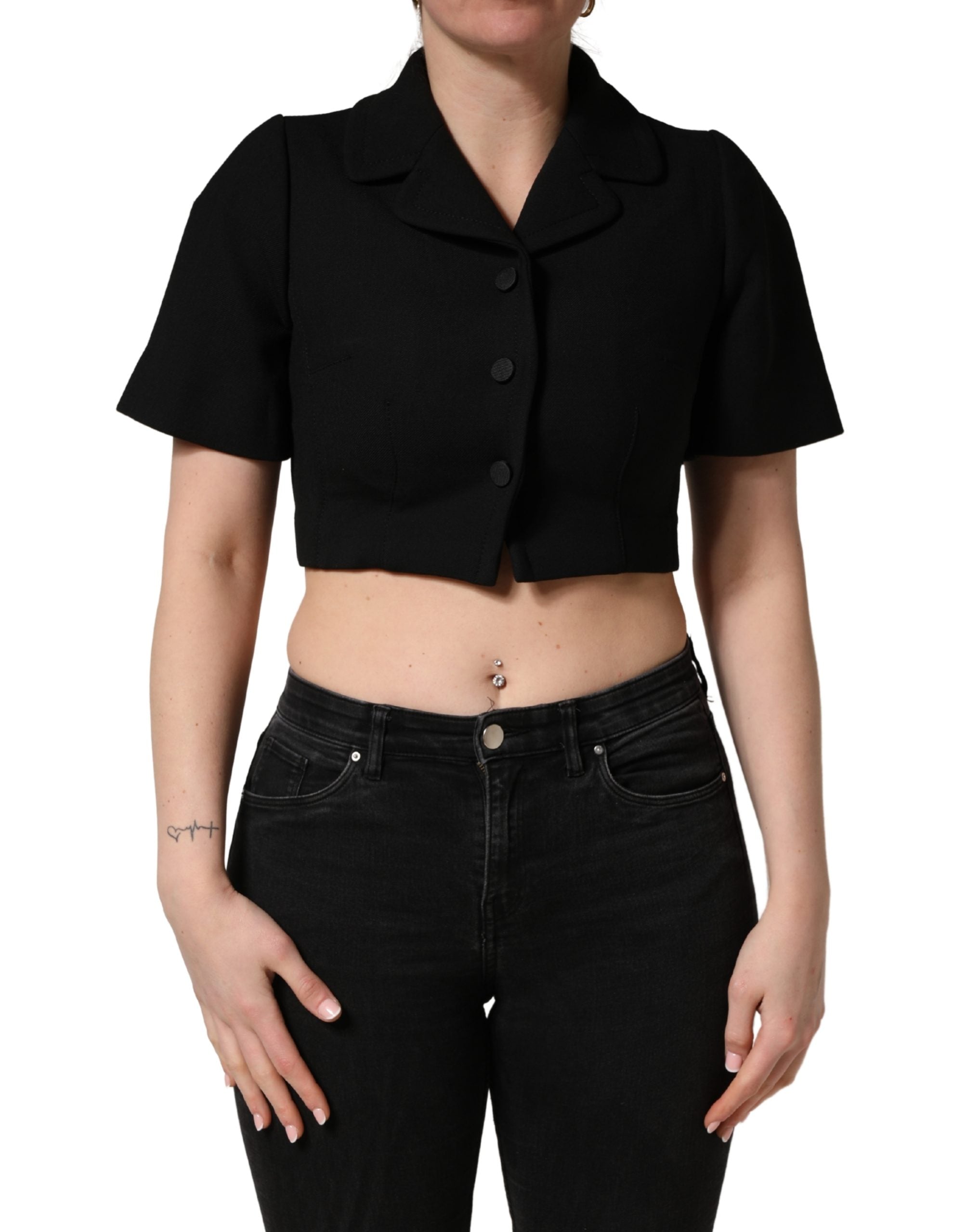 Black Collared Short Sleeves Cropped Blouse Top