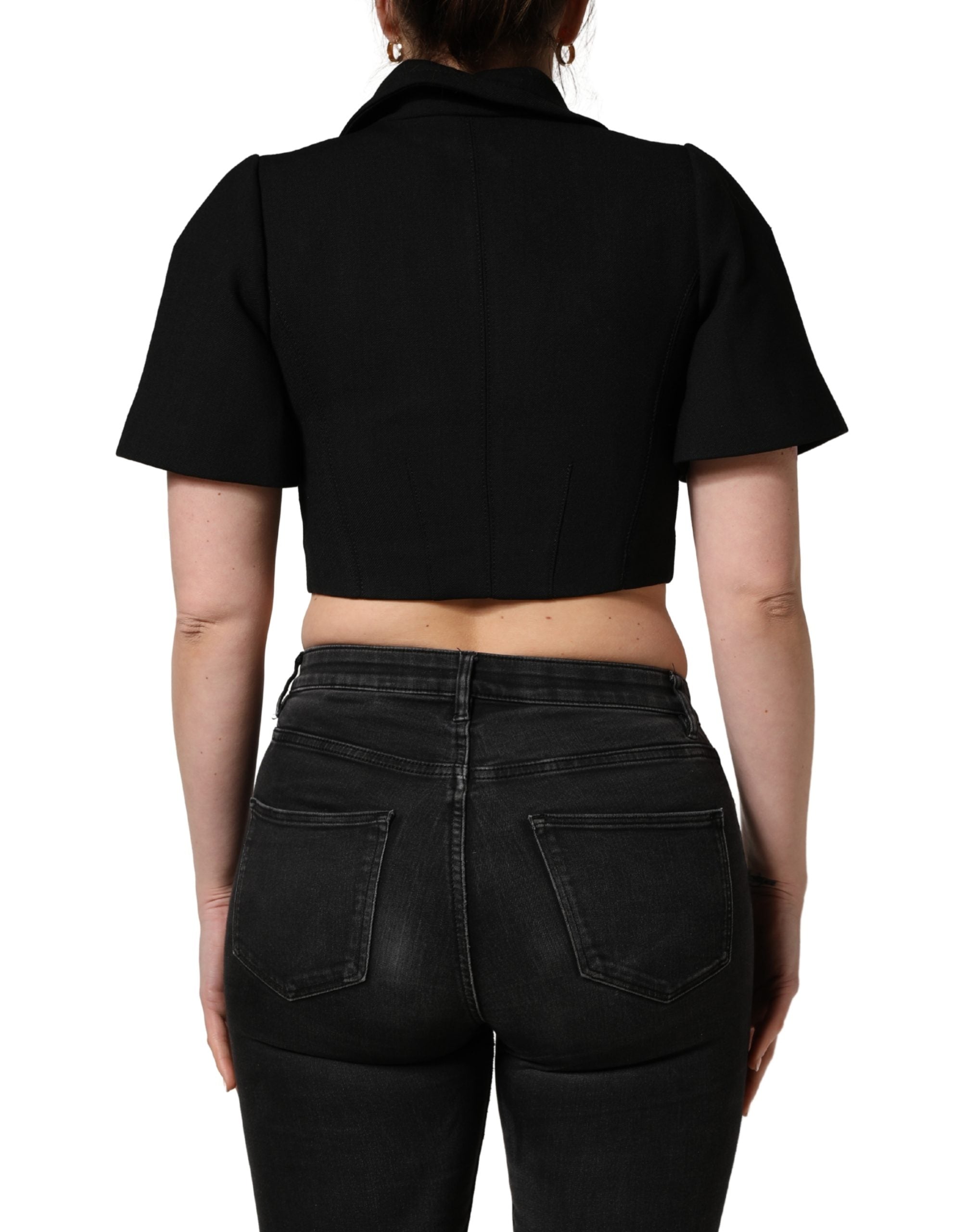 Black Collared Short Sleeves Cropped Blouse Top