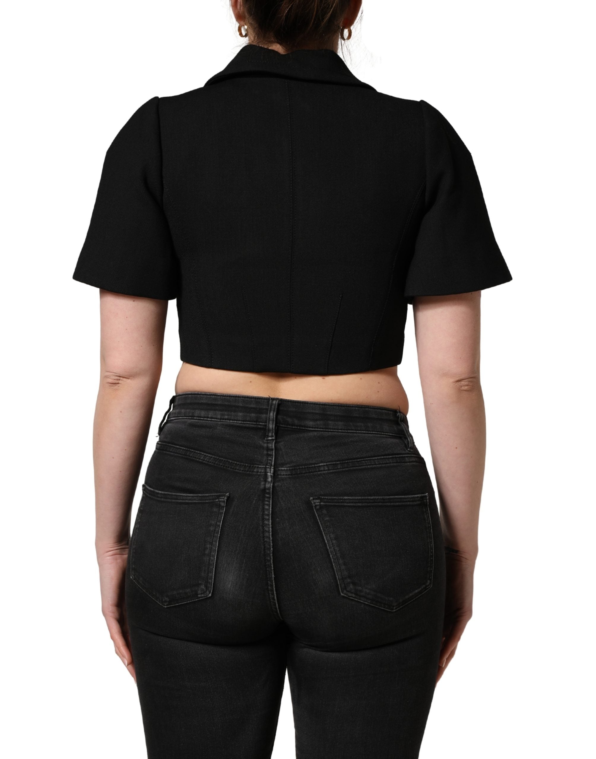 Black Collared Short Sleeves Cropped Blouse Top