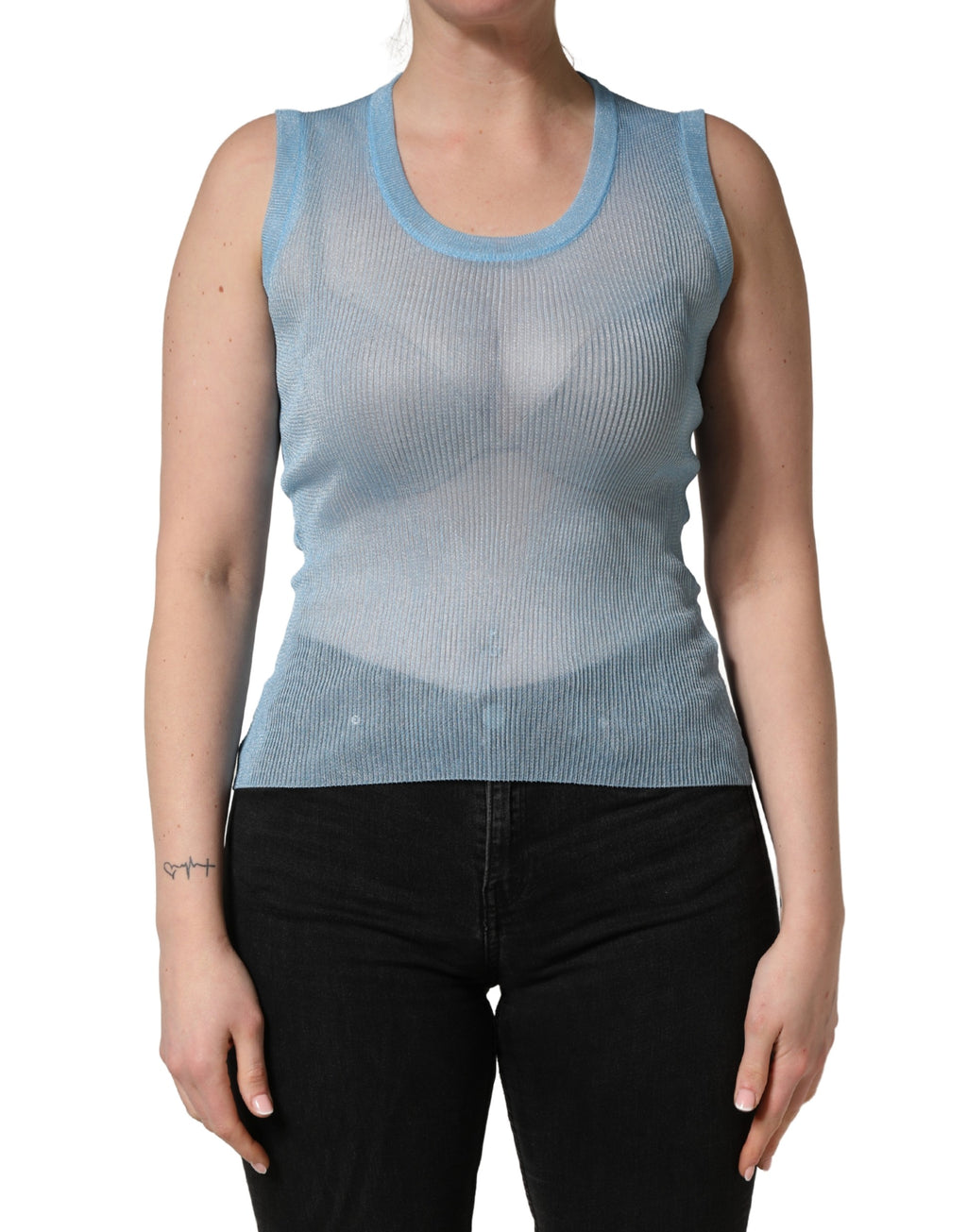 Blue Semi Sheer Ribbed Sleeveless Tank Top