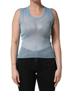 Blue Semi Sheer Ribbed Sleeveless Tank Top