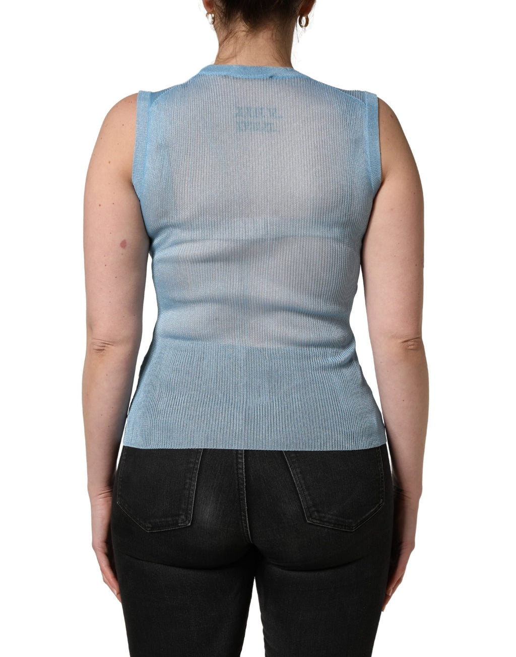 Blue Semi Sheer Ribbed Sleeveless Tank Top