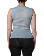 Blue Semi Sheer Ribbed Sleeveless Tank Top