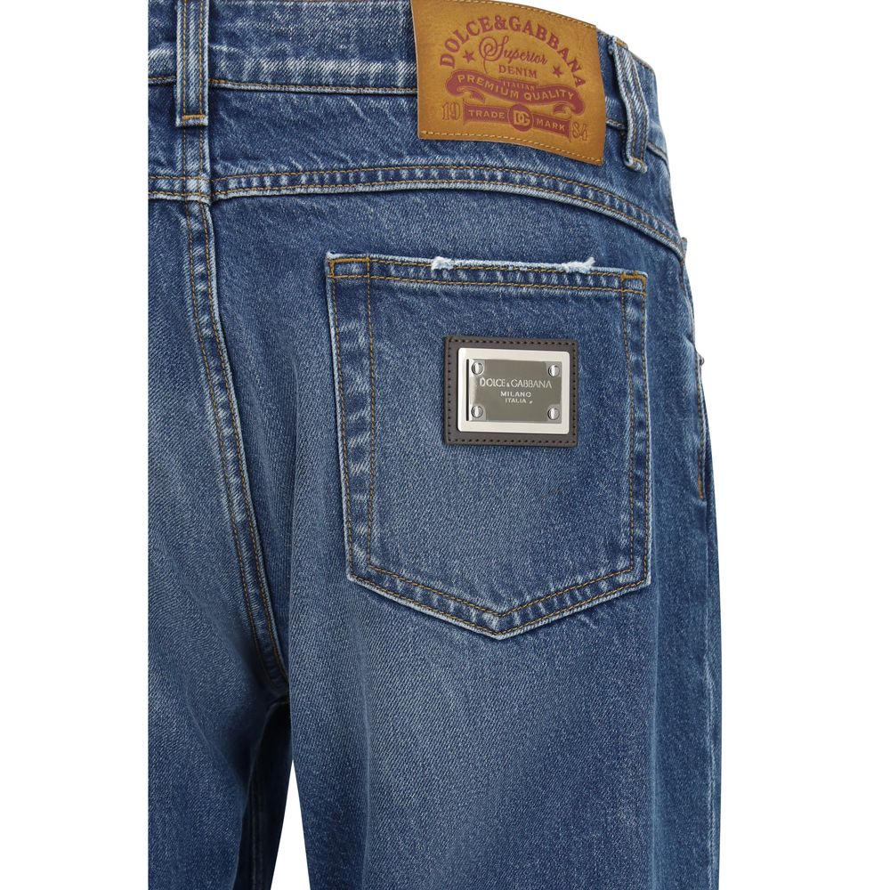Blue Cotton Straight-Leg Jeans