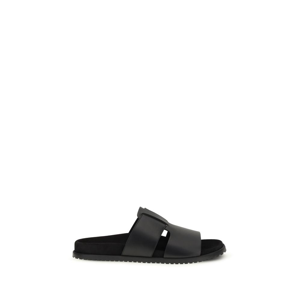 Black Calf Leather Bos Taurus Flat Sandals