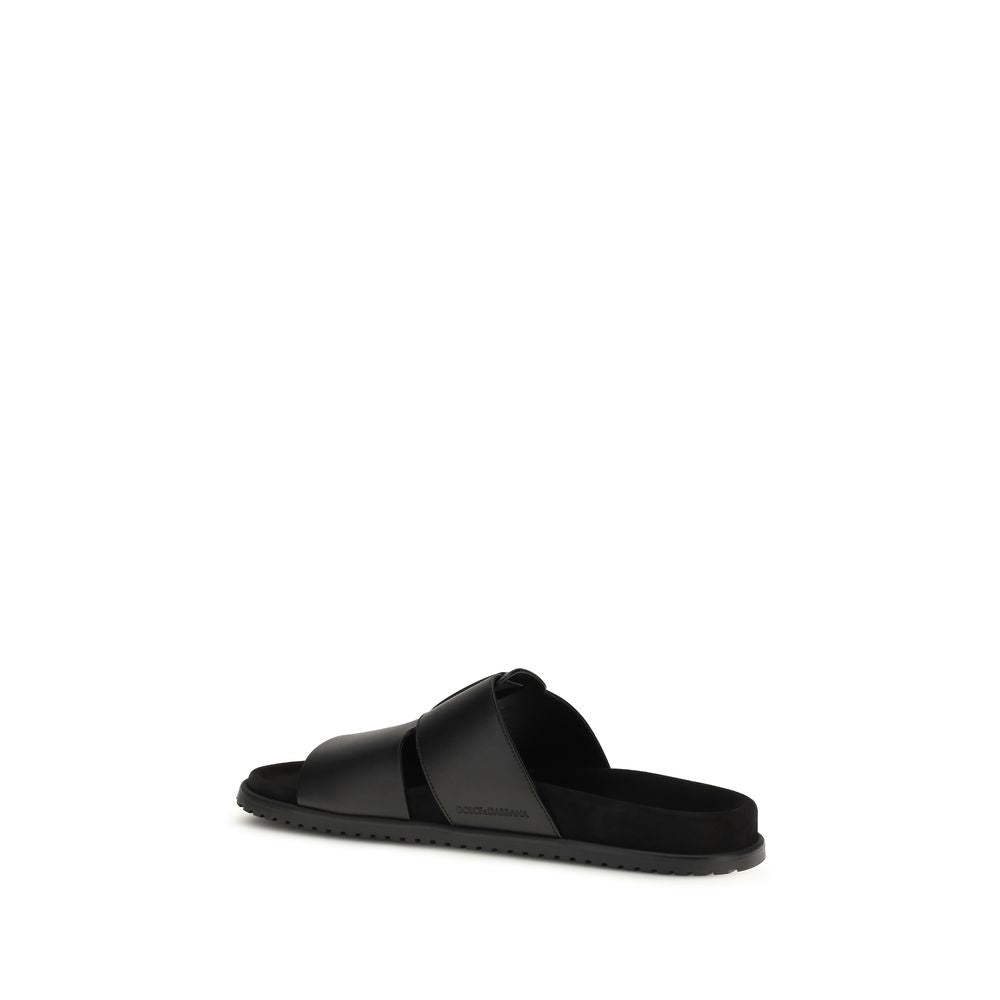 Black Calf Leather Bos Taurus Flat Sandals
