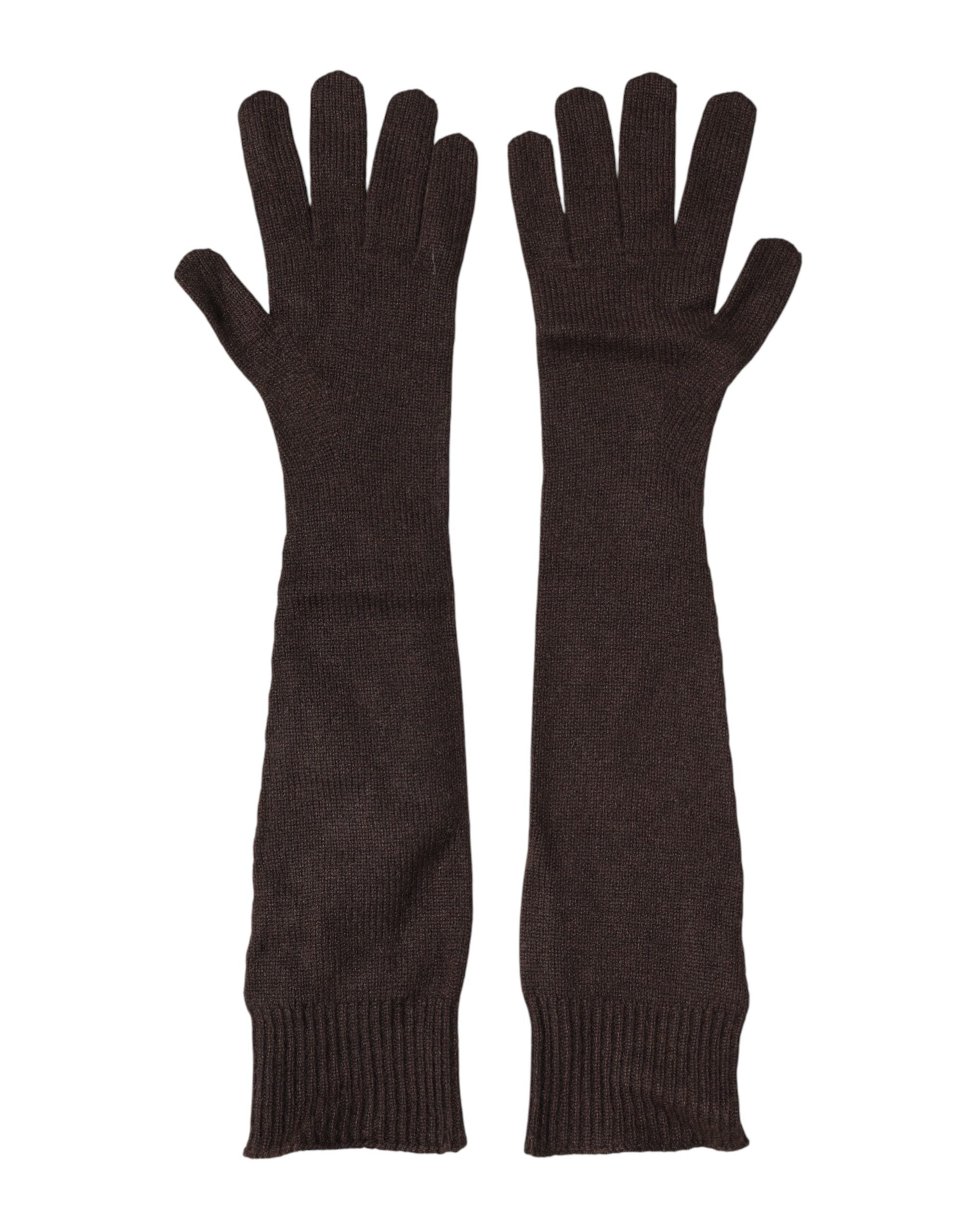 Brown Cashmere Knitted Elbow Length Mitten Gloves
