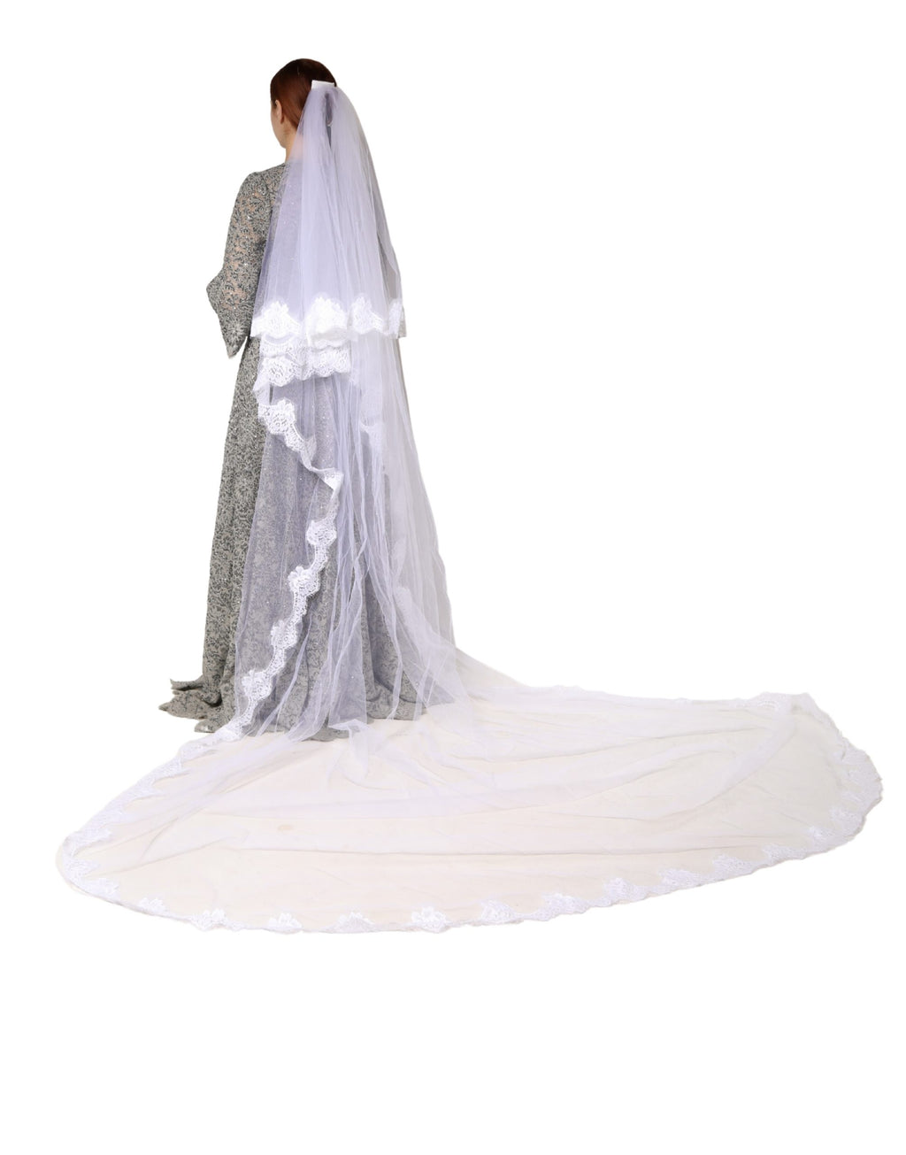 White Floral Lace Nylon Floor Length Long Wedding Veil
