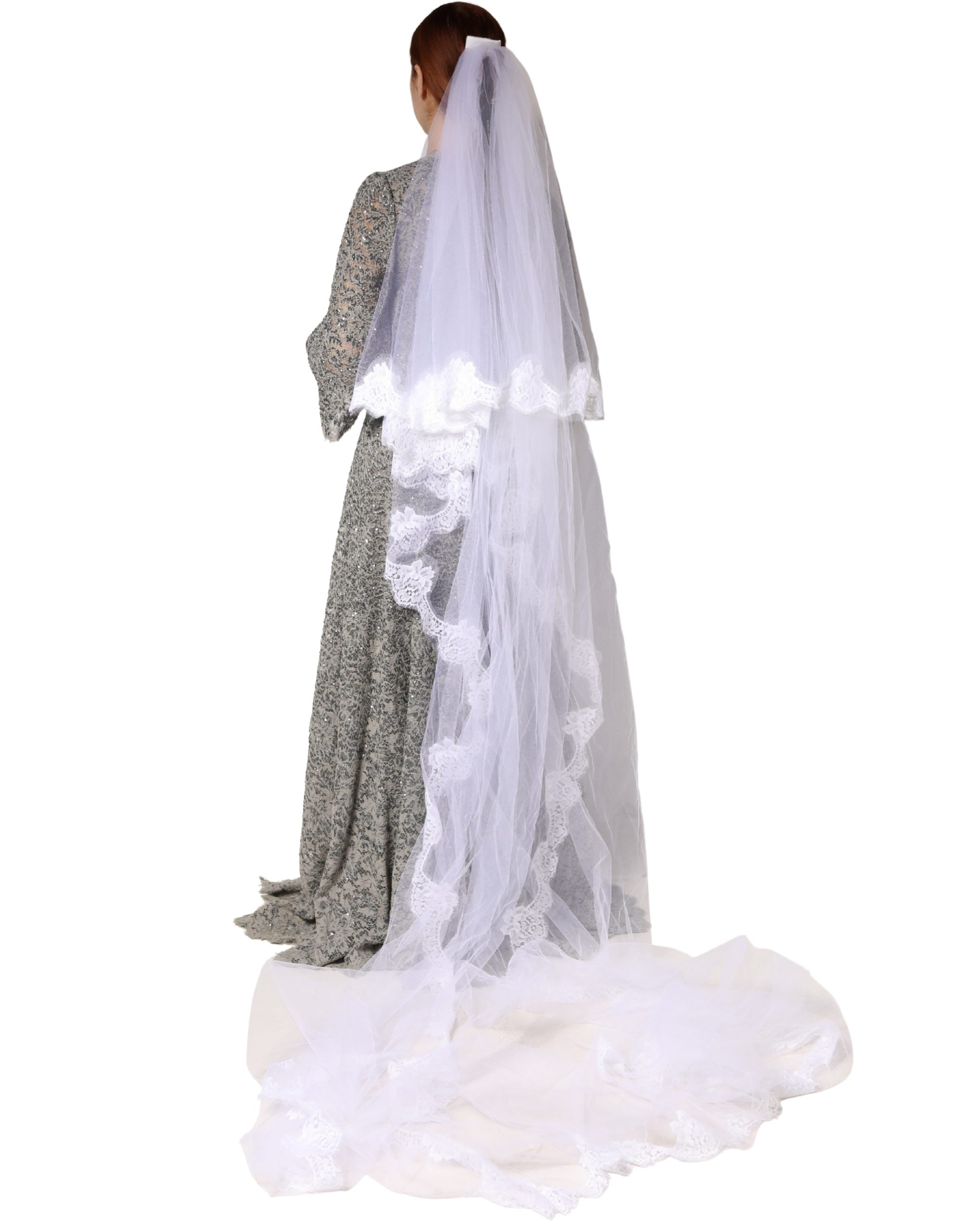 White Floral Lace Nylon Floor Length Long Wedding Veil