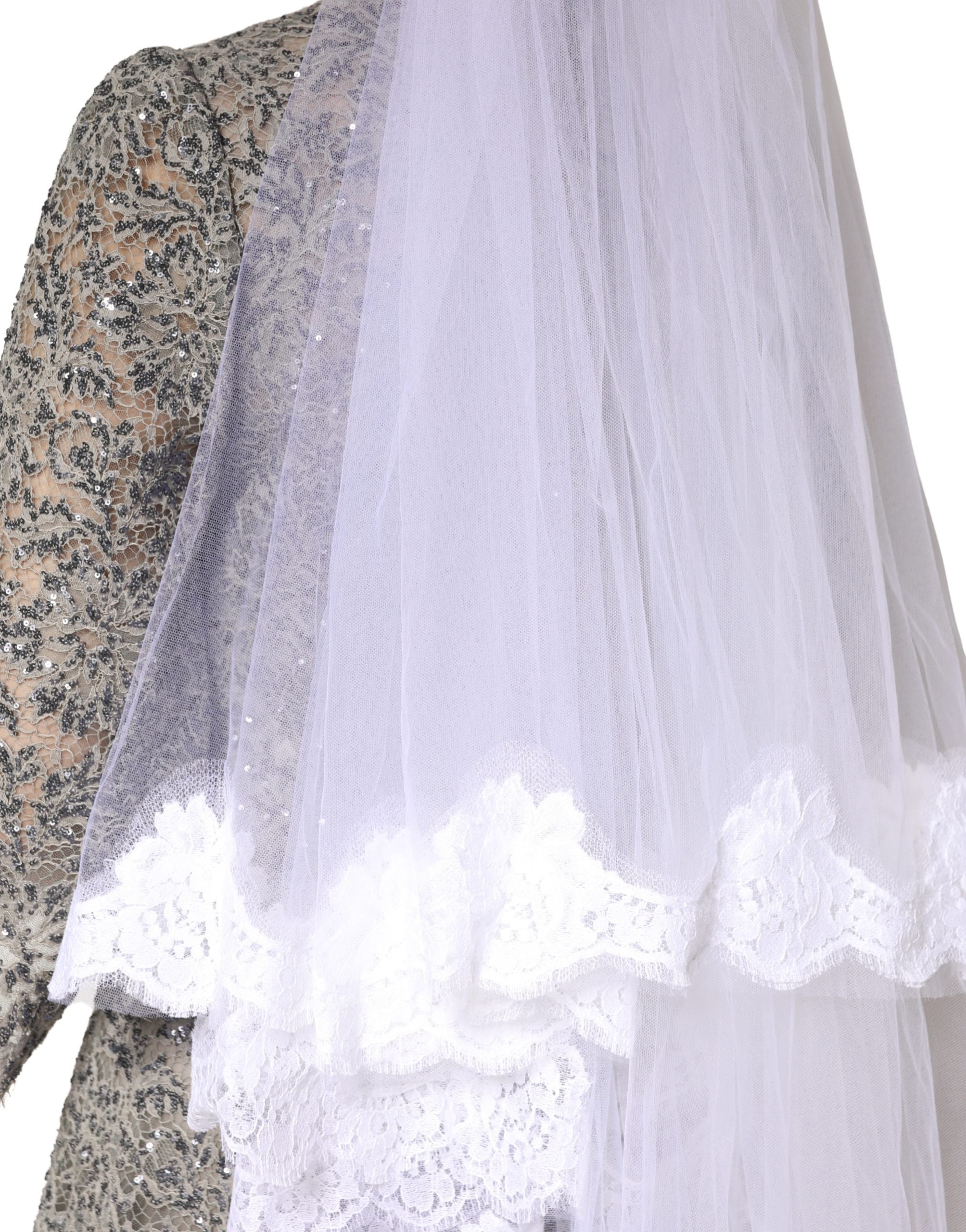 White Floral Lace Nylon Floor Length Long Wedding Veil
