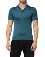 Teal Blue Silk Collared Short Sleeves Polo T-shirt