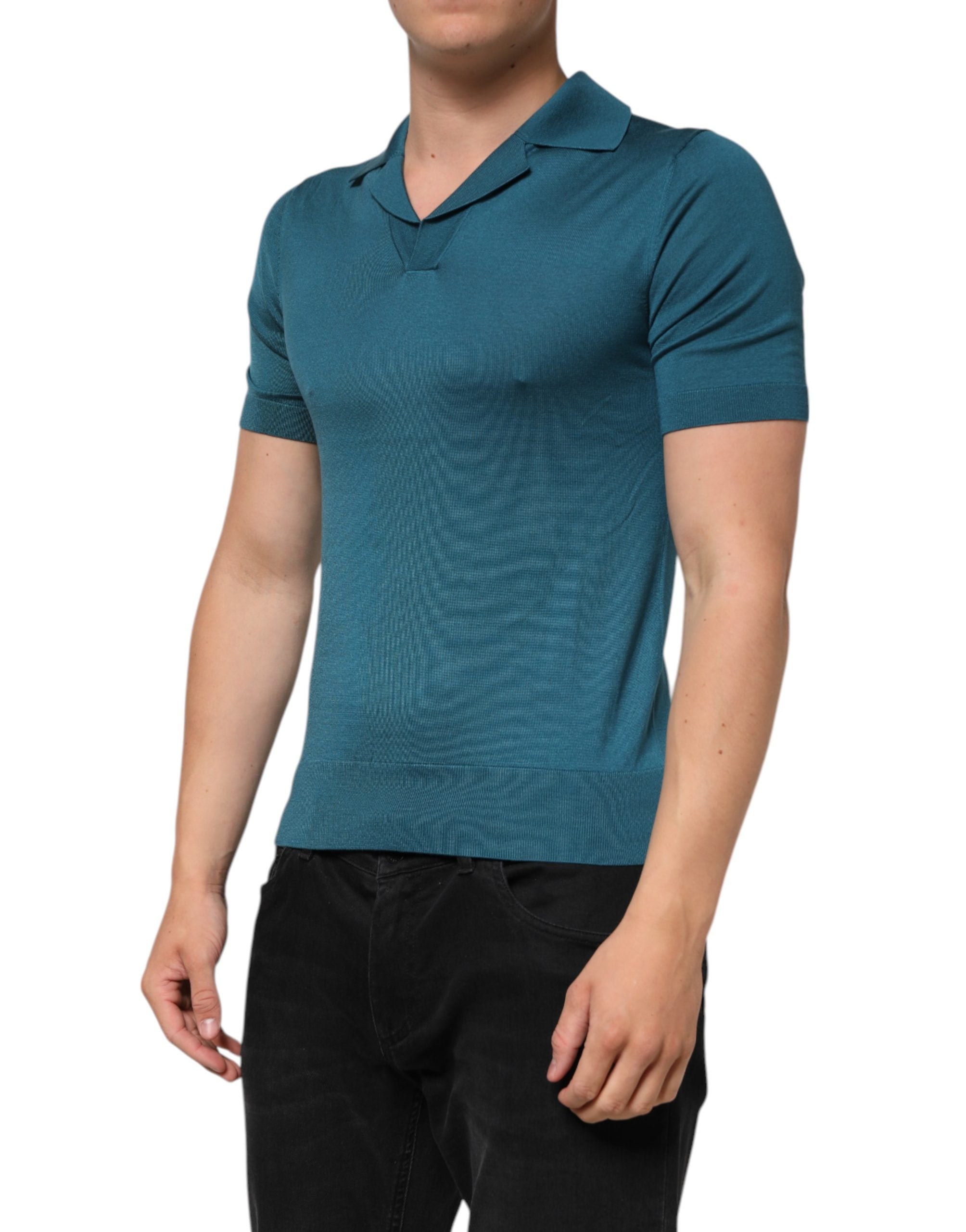 Teal Blue Silk Collared Short Sleeves Polo T-shirt
