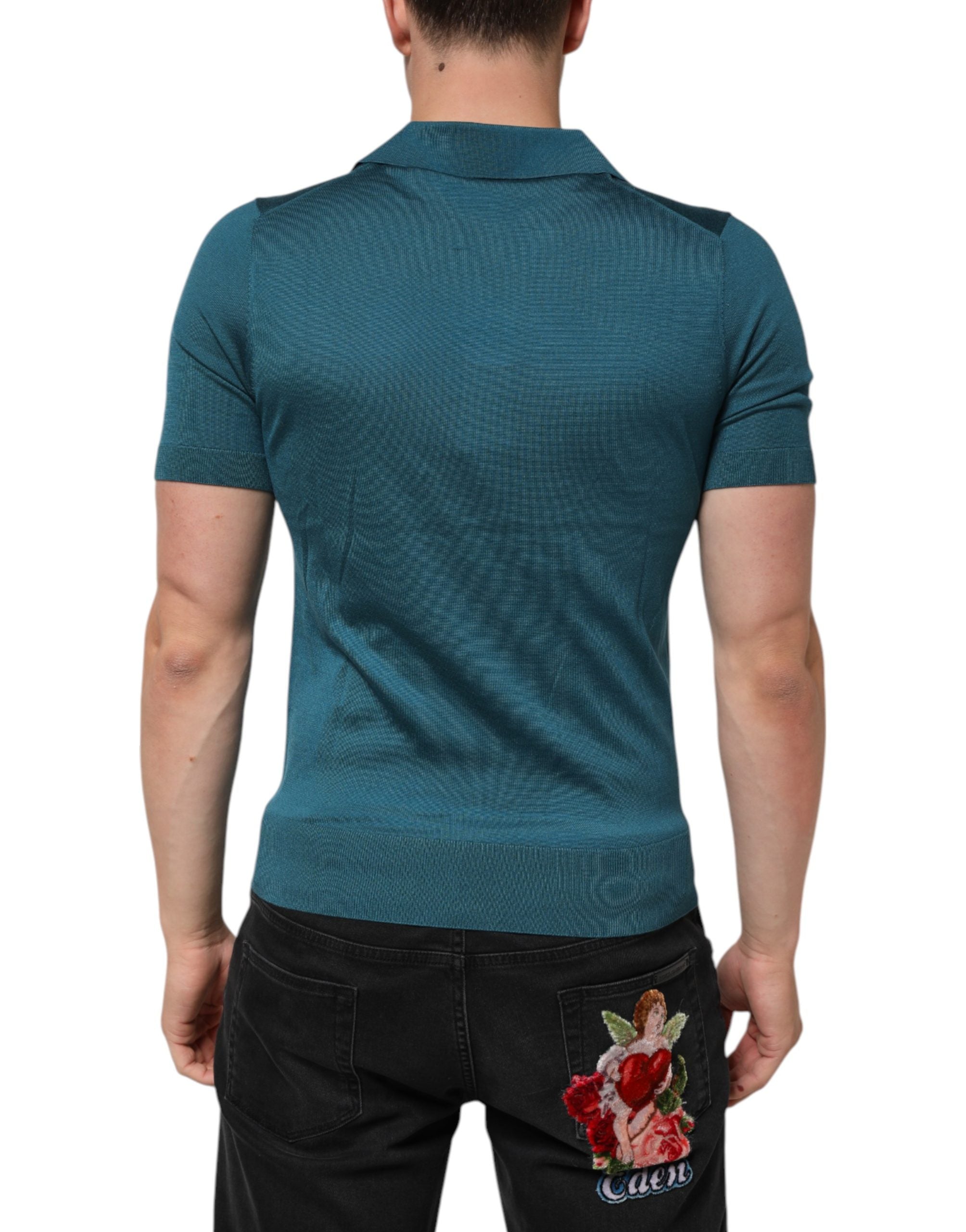 Teal Blue Silk Collared Short Sleeves Polo T-shirt