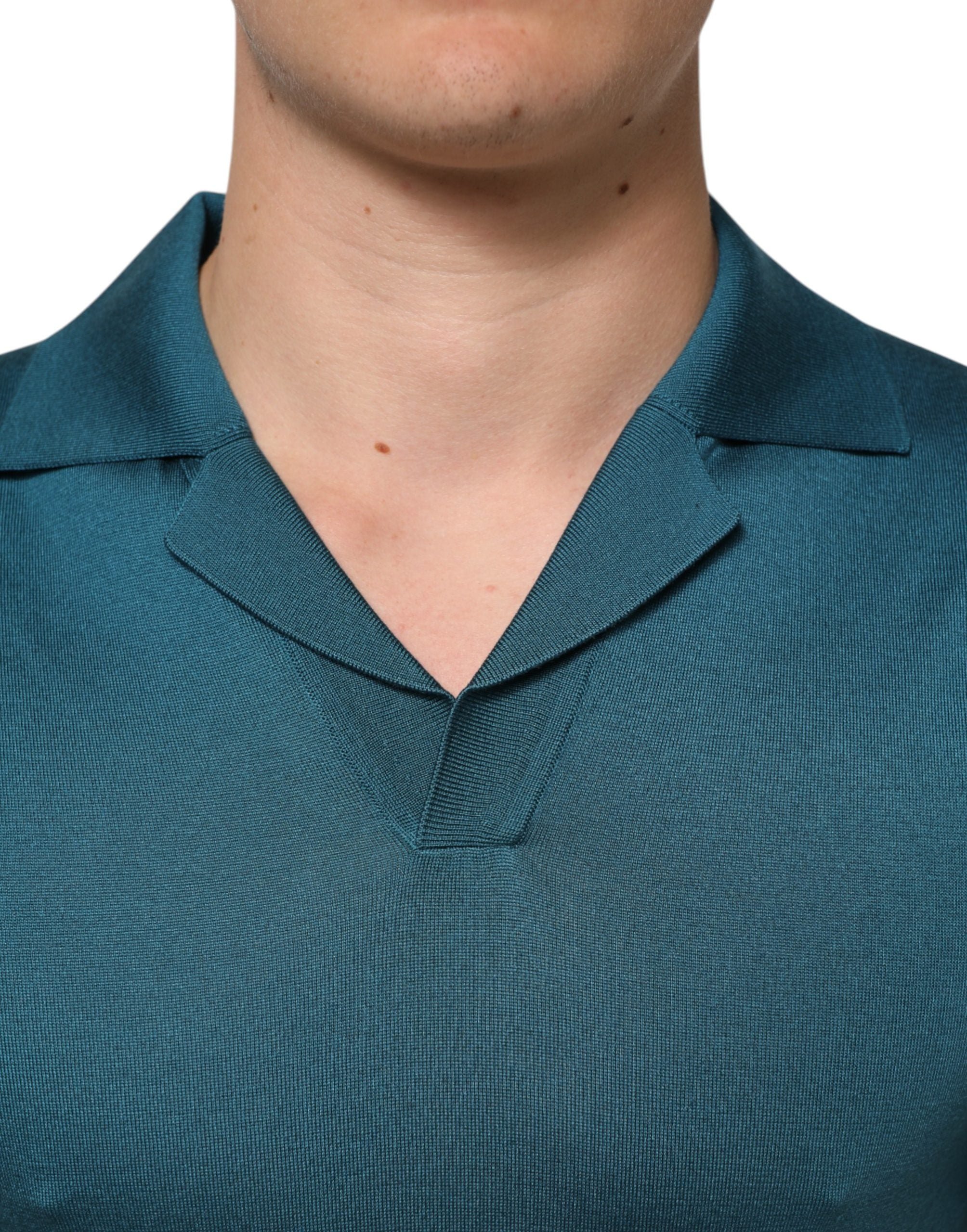 Teal Blue Silk Collared Short Sleeves Polo T-shirt