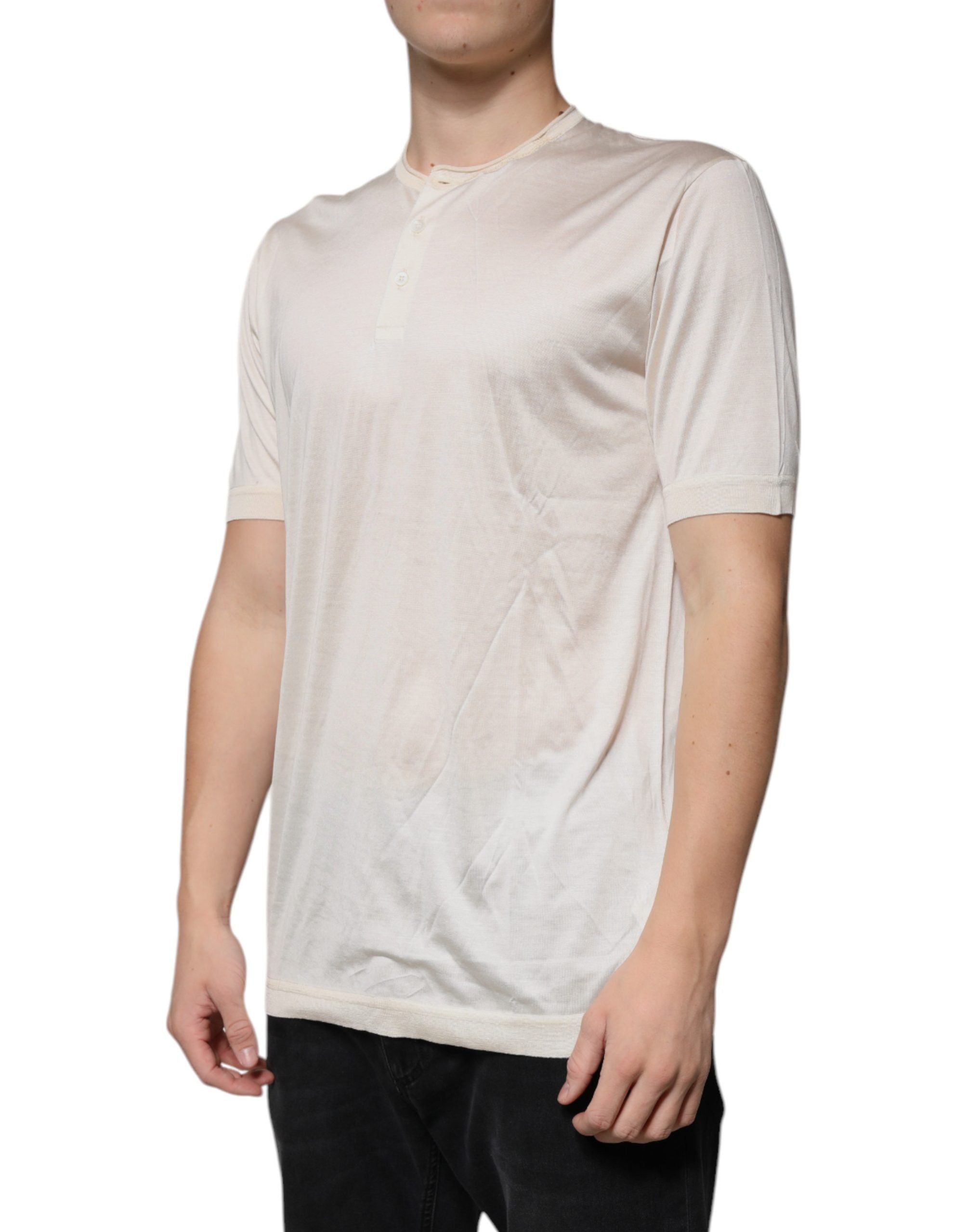 Off White Silk Henley Short Sleeves T-shirt
