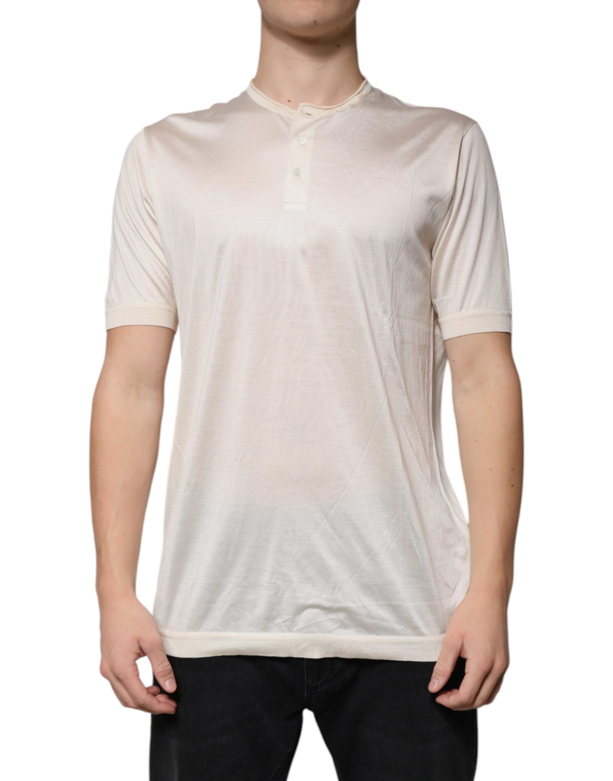 Off White Silk Henley Short Sleeves T-shirt