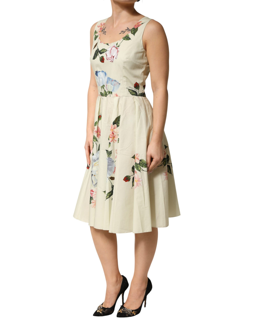 Beige Floral Sleeveless A-line Midi Dress