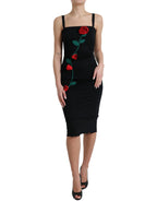 Black Wool Sleeveless Rose Applique Dress