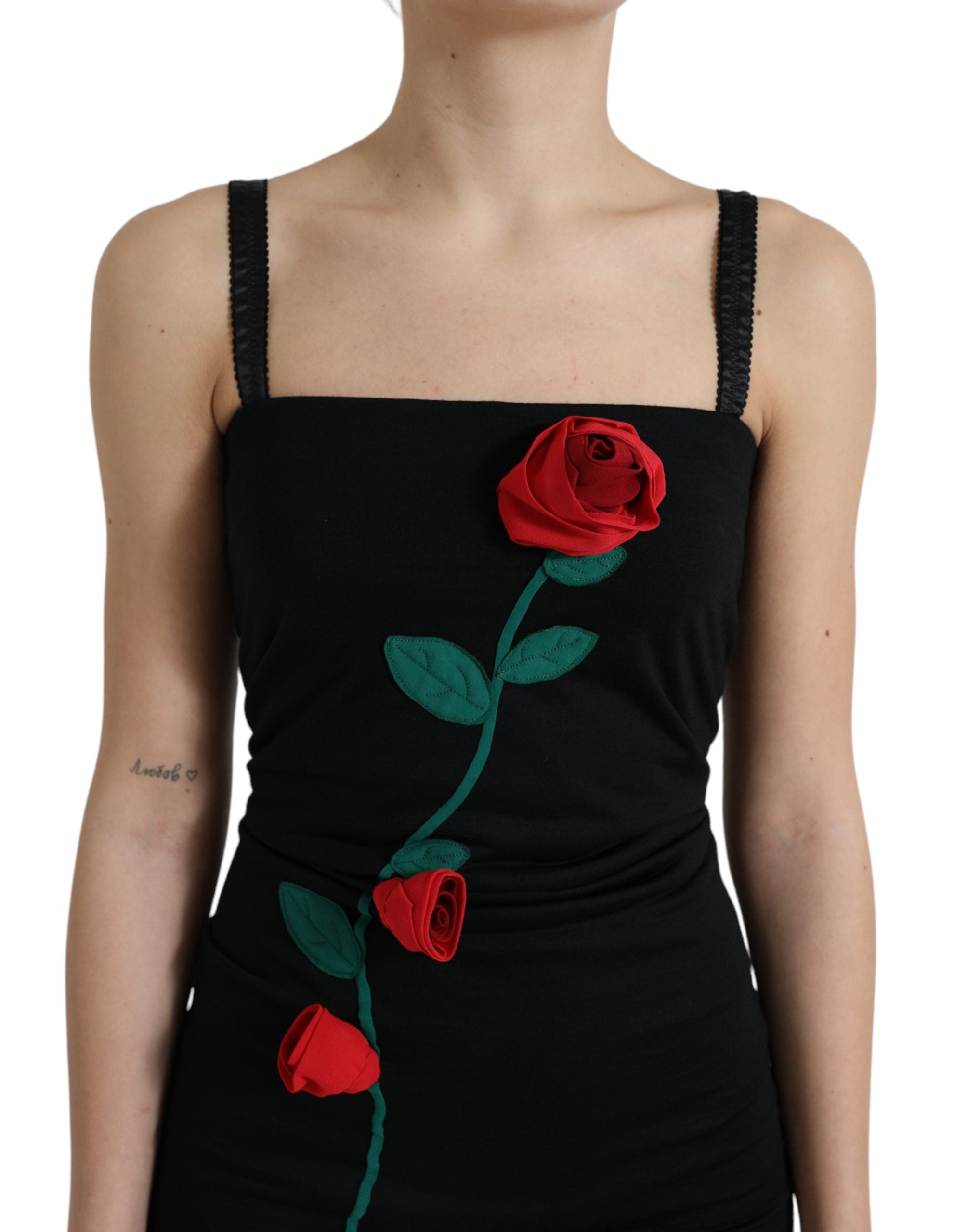Black Wool Sleeveless Rose Applique Dress
