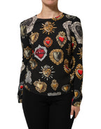 Black Sacred Heart Print LongSleeve Blouse Top