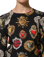 Black Sacred Heart Print LongSleeve Blouse Top