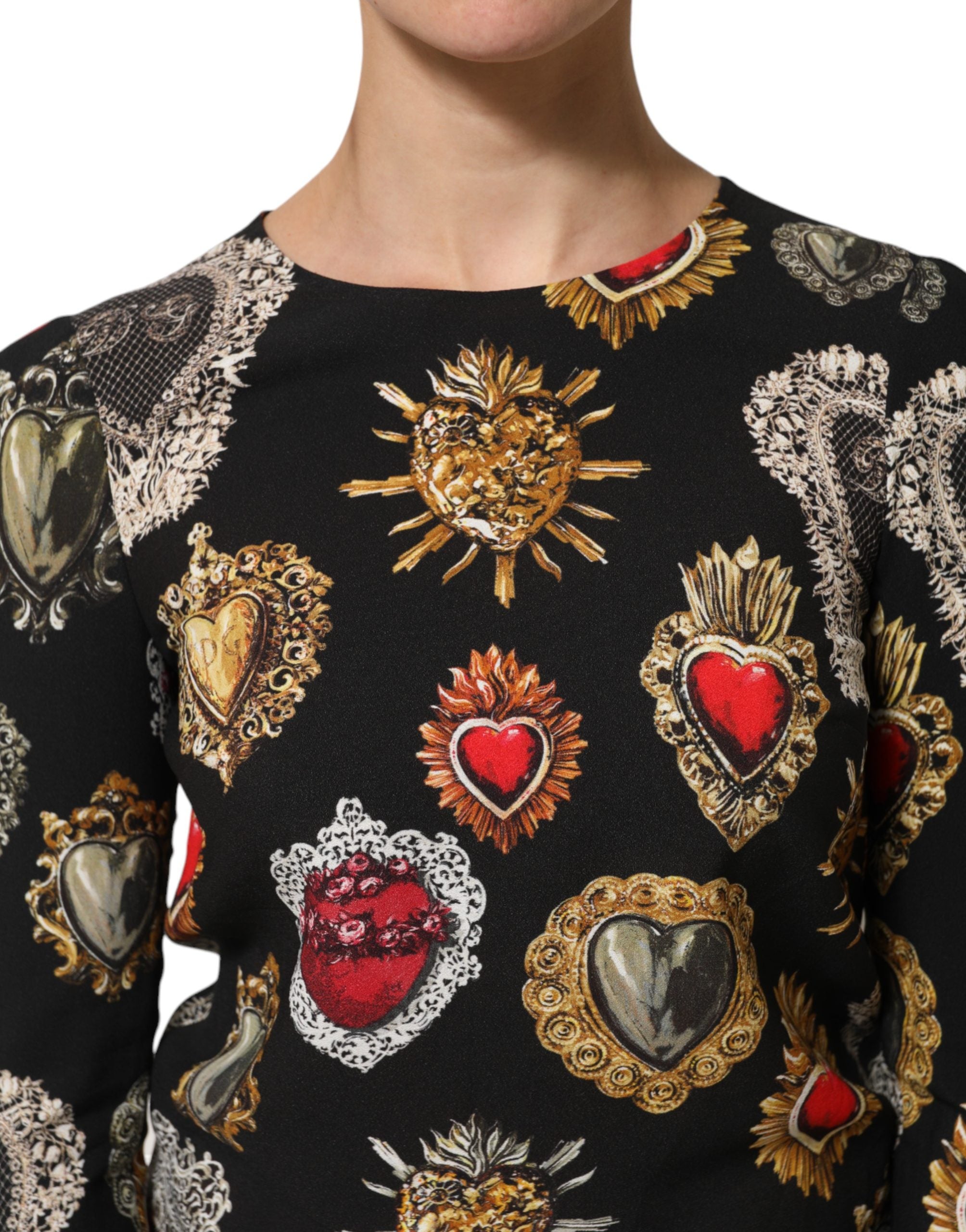 Black Sacred Heart Print LongSleeve Blouse Top