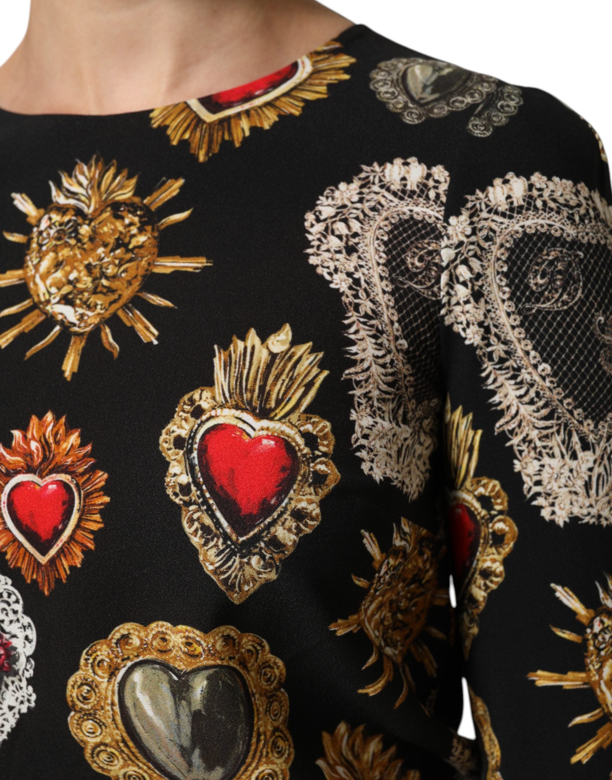 Black Sacred Heart Print LongSleeve Blouse Top