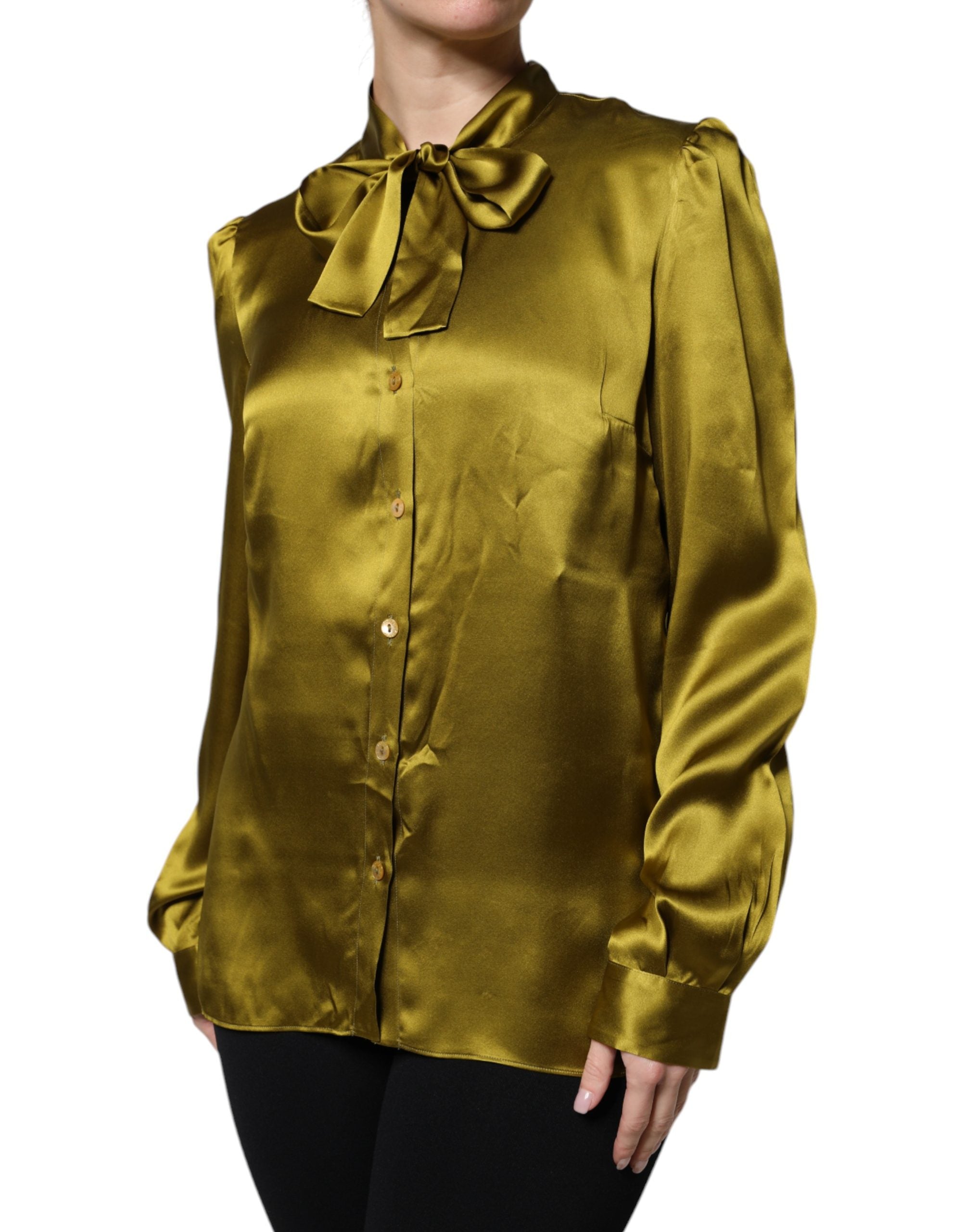 Green Satin Long Sleeve Ascot Tie Shirt Top