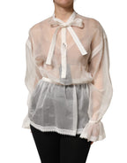 White Silk Cotton Ascot Collar Blouse Top
