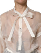 White Silk Cotton Ascot Collar Blouse Top
