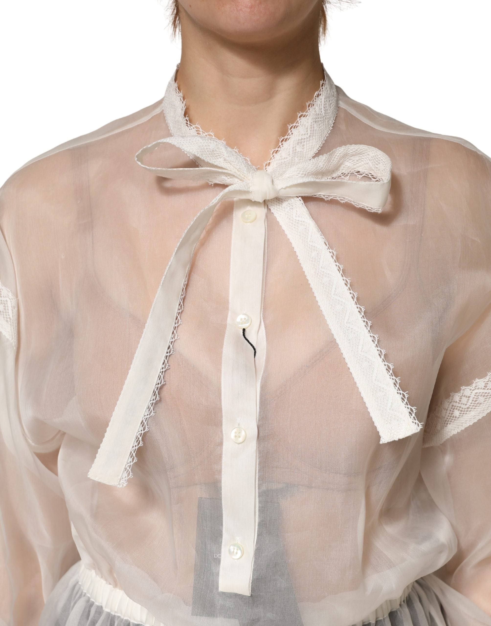 White Silk Cotton Ascot Collar Blouse Top