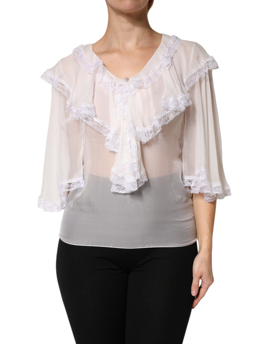 White LongSleeve Lace Trim Ruffled Blouse Top