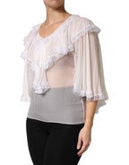 White LongSleeve Lace Trim Ruffled Blouse Top