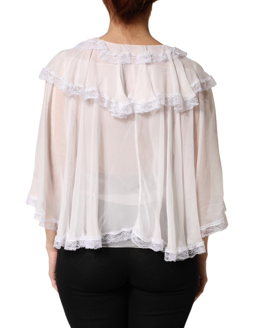 White LongSleeve Lace Trim Ruffled Blouse Top