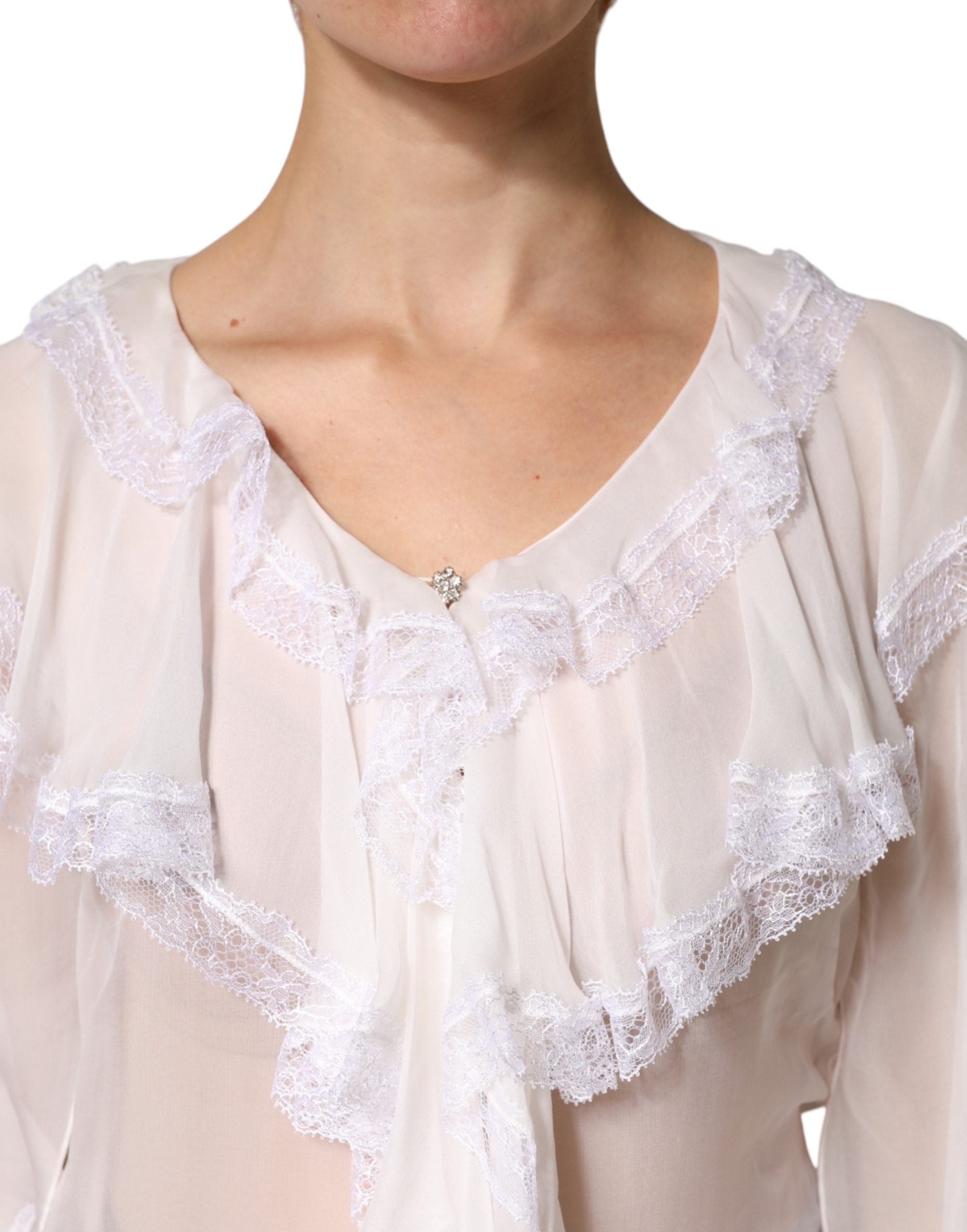 White LongSleeve Lace Trim Ruffled Blouse Top