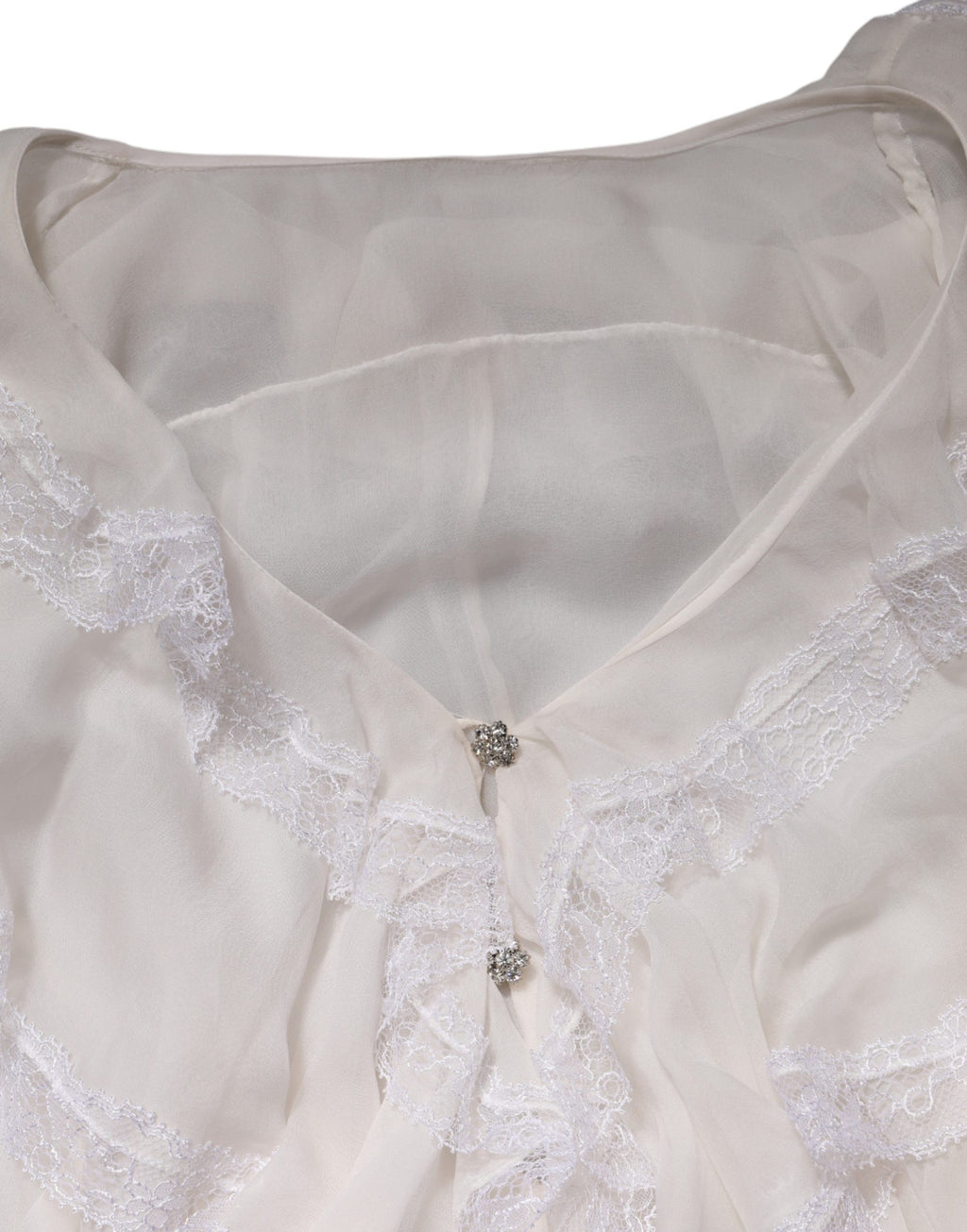 White LongSleeve Lace Trim Ruffled Blouse Top