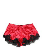 Red Silk Satin Lace Trim Pajama Shorts Sleepwear