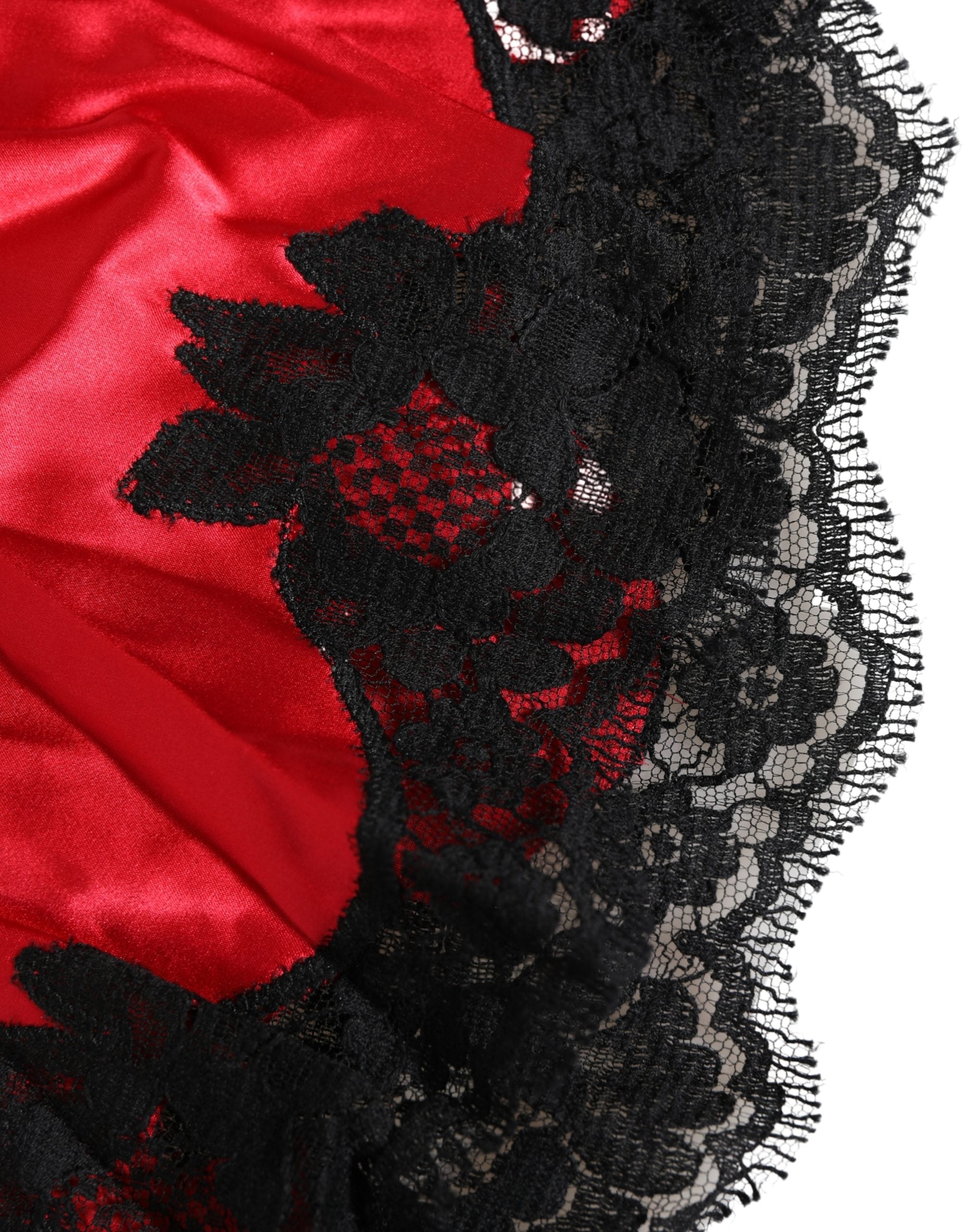 Red Silk Satin Lace Trim Pajama Shorts Sleepwear