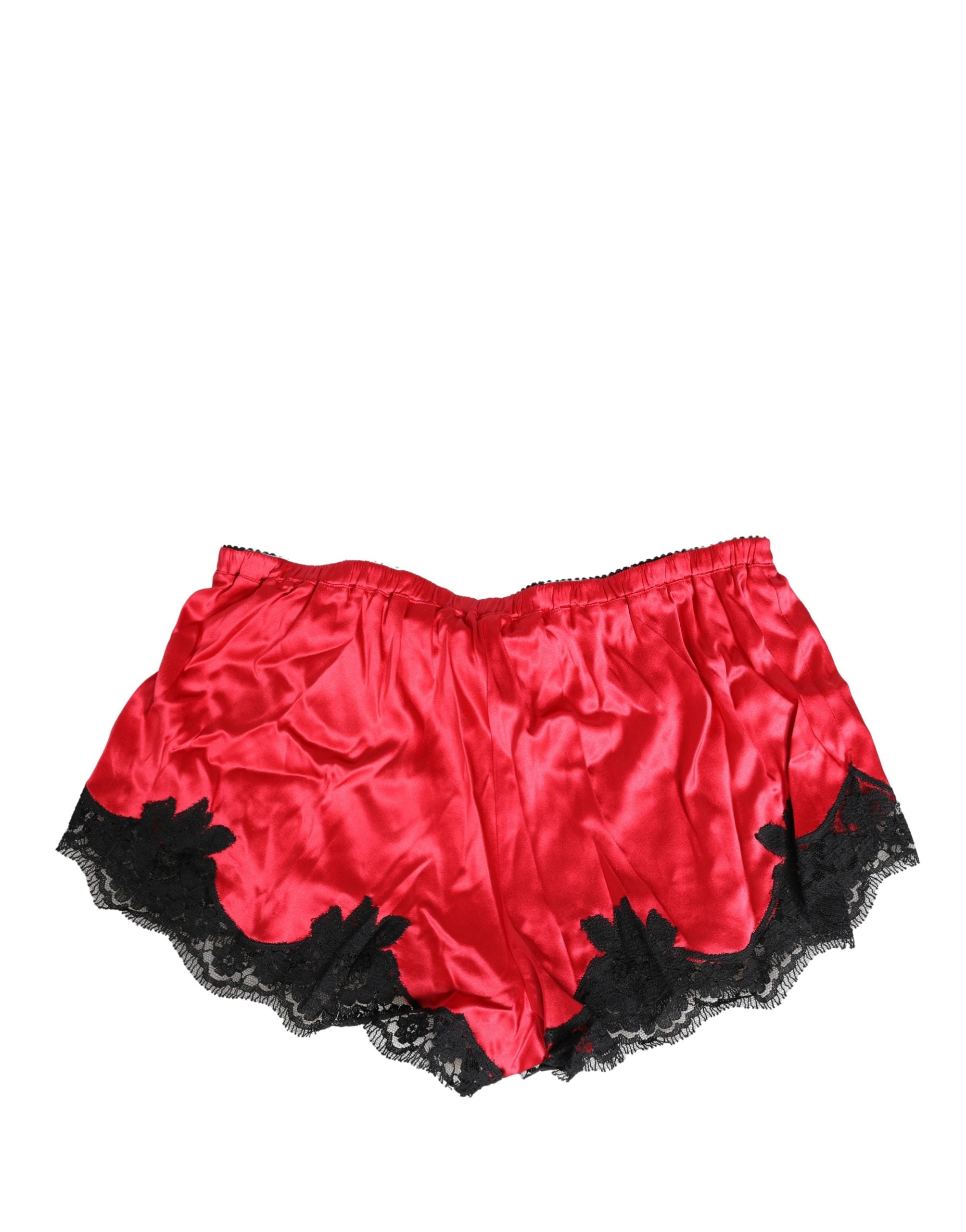 Red Silk Satin Lace Trim Pajama Shorts Sleepwear